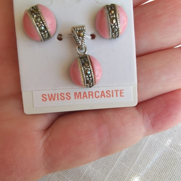 NWT Sterling Silver Pink enamel Swiss Marcasite necklace earring set - Picture 3 of 6